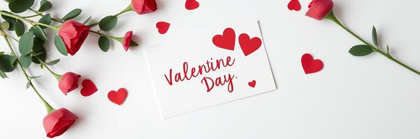 Red Roses Valentine Day Card Hearts White Background photo