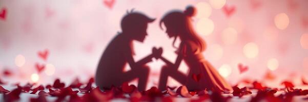 Silhouette Couple Sharing Heart Amidst Red Petals Romantic Background photo