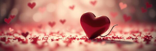 Red Heart Shaped Toy Among Red Confetti Romantic Background photo