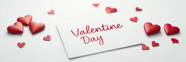 Red Hearts Valentine Day Card Simple White Background photo