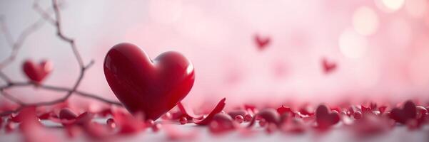 Romantic Red Heart Petals Branch Soft Pink Background photo