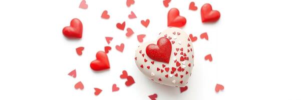 Red Heart Shaped Decor Surrounded By Small Hearts White Background photo