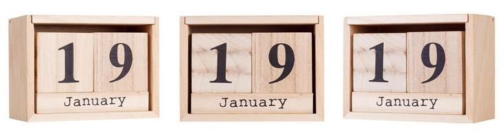 Wooden calendar, a set of dates of the month 19 January, on a white and transparent background photo