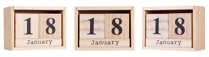 Wooden calendar, a set of dates of the month 18 January, on a white and transparent background photo