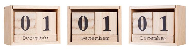 Wooden calendar, a set of dates of the month 01 December, on a white and transparent background photo