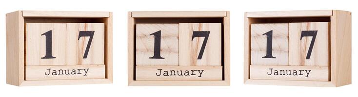 Wooden calendar, a set of dates of the month 17 January, on a white and transparent background photo