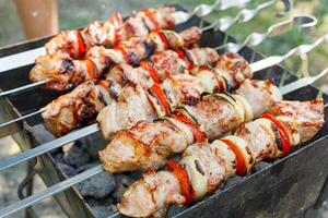 Cooking barbecue with vegetables on skewers. Roasted meat on the grill photo