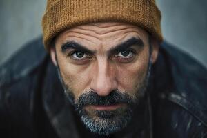 French man with a beanie and intense gaze poses against a blurred background. photo