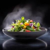 Fresh garden salad with colorful vegetables and herbs served on a dark background. photo