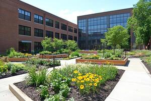 Modern building courtyard with lush gardens and walkways in bright daylight. photo