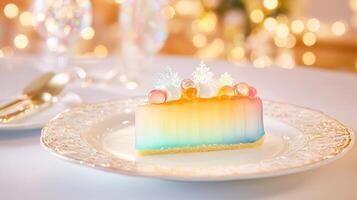 Elegant rainbow jelly cake with pearls and snowflakes on ornate plate. photo