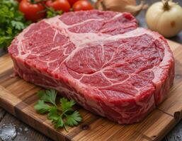 Close-up of a large, raw beef steak resting on a light brown wooden cutting board. photo