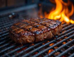 Perfectly Seared Steak Grilling on Hot Charcoal Grill photo