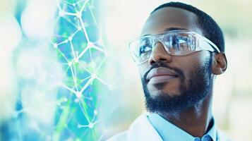 African male scientist analyzing data with advanced technology interface. photo