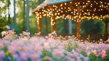 Intimate garden setting featuring a gazebo surrounded by vibrant flowers and twinkling lights photo