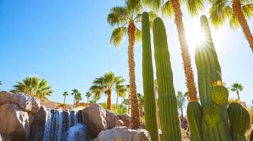 Desert oasis sunshine, palm trees, cacti, and waterfall in a tranquil setting. photo