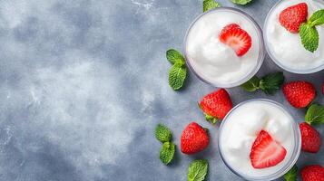 Fresh strawberries and creamy yogurt with mint on textured background. photo