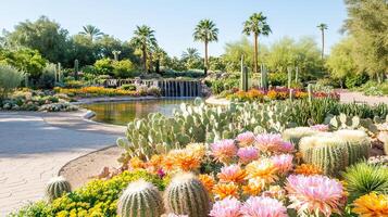 desert oasis features palm trees, a small waterfall, and vibrant cacti in bloom photo