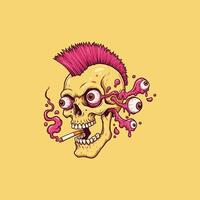 A stylized illustration depicts a punk skull smoking a cigarette, with multiple gooey eyes emanating from its head. vector