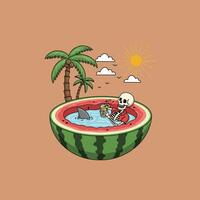 A cartoon skeleton relaxes in a watermelon pool with a shark fin visible, enjoying a refreshing beverage under a tropical sun. vector