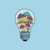 A whimsical illustration depicts colorful mushrooms growing inside a clear lightbulb creating a vibrant and imaginative scene. vector
