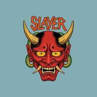 A stylized illustration of a red oni mask with large horns and snakes wrapped around its sides, featuring the word Slayer above it. vector