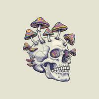A stylized illustration depicts a human skull with brightly colored psychedelic mushrooms sprouting from its top and eye sockets. vector