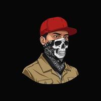 An illustration of a stylish man wearing a red cap and a black bandana with a skull design. vector