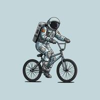 An illustration of an astronaut wearing a spacesuit riding a BMX bike, possibly in space. vector
