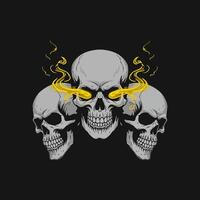 A stylized graphic design featuring three skulls with the central skull having yellow flames emanating from its eye sockets. vector
