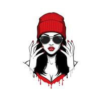 A stylish woman with red lipstick and nails, wearing a red beanie and sunglasses, is depicted in a graphic illustration. vector
