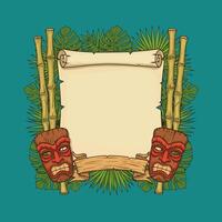 A vibrant tropical design featuring tiki masks, bamboo stalks, a parchment scroll, and lush foliage creating a decorative frame. vector