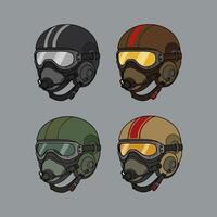 A graphic illustration showcases four retro-style pilot helmets in varying colors each featuring goggles and a headset. vector