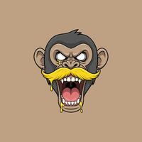 A cartoon illustration of an angry chimpanzee head with a dripping yellow mustache, roaring with its mouth wide open. vector