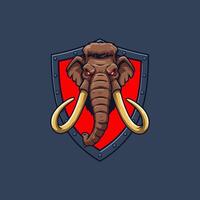 A fierce mammoth head with glowing red eyes is displayed within a metallic shield creating a powerful logo design. vector