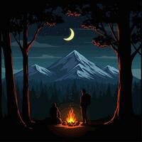 Two figures sit by a campfire at night, silhouetted against a backdrop of majestic mountains and a dark forest under a crescent moon. vector