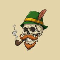 A stylized skull illustration wearing a green hat and sporting a handlebar mustache and beard while smoking a pipe. vector