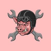 A fierce boar head wearing a motorcycle helmet and goggles is depicted with crossed wrenches behind it. vector