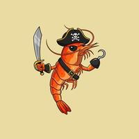 A whimsical illustration of a shrimp dressed as a pirate wielding a sword and hook. vector