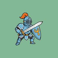 The image shows a cute cartoon knight in blue armor wielding a sword and shield ready for battle. vector
