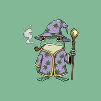 A cartoon illustration of a whimsical frog wizard smoking a pipe while holding a glowing staff, dressed in a cannabis-leaf patterned robe. vector