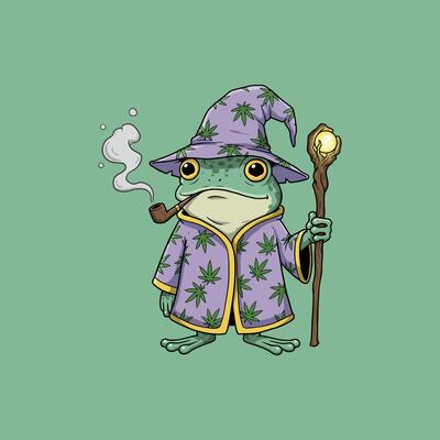 A cartoon illustration of a whimsical frog wizard smoking a pipe while holding a glowing staff, dressed in a cannabis-leaf patterned robe.
