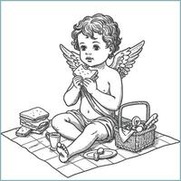 A winged cherubic figure sits on a picnic blanket, happily eating a sandwich surrounded by a basket of food and a drink. vector