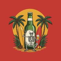A whimsical illustration depicts a skeleton relaxing on a beach, leaning against a large beer bottle, holding a beer, and surrounded by surfboards and palm trees. vector