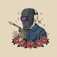 A stylized illustration of a skeleton wearing a welding mask and holding a welding torch, surrounded by roses and spiderwebs. vector