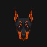 A stylized illustration depicts a Doberman Pinschers head with glowing red eyes against a dark background. vector