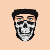 A stylized illustration of a woman's face wearing a black cap and a skull-printed face mask. vector
