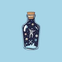 A whimsical illustration depicts an astronaut floating in a glass bottle containing a miniature space scene complete with planets and a satellite. vector