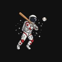 An astronaut in a spacesuit swings a bat at a baseball in the vast expanse of space. vector