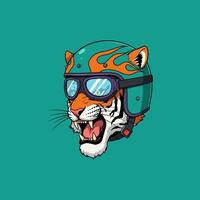 A stylized illustration of a tigers head wearing a teal flame-designed helmet and goggles. vector